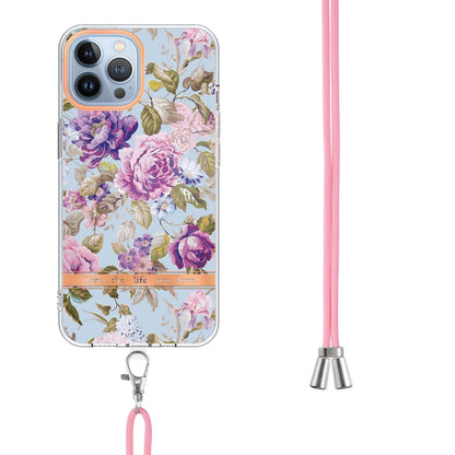 YB IMD-11 Series Flower Pattern TPU Case for iPhone 15 Pro Max Anti-Drop IMD IML Electroplating Phone Cover with Lanyard
