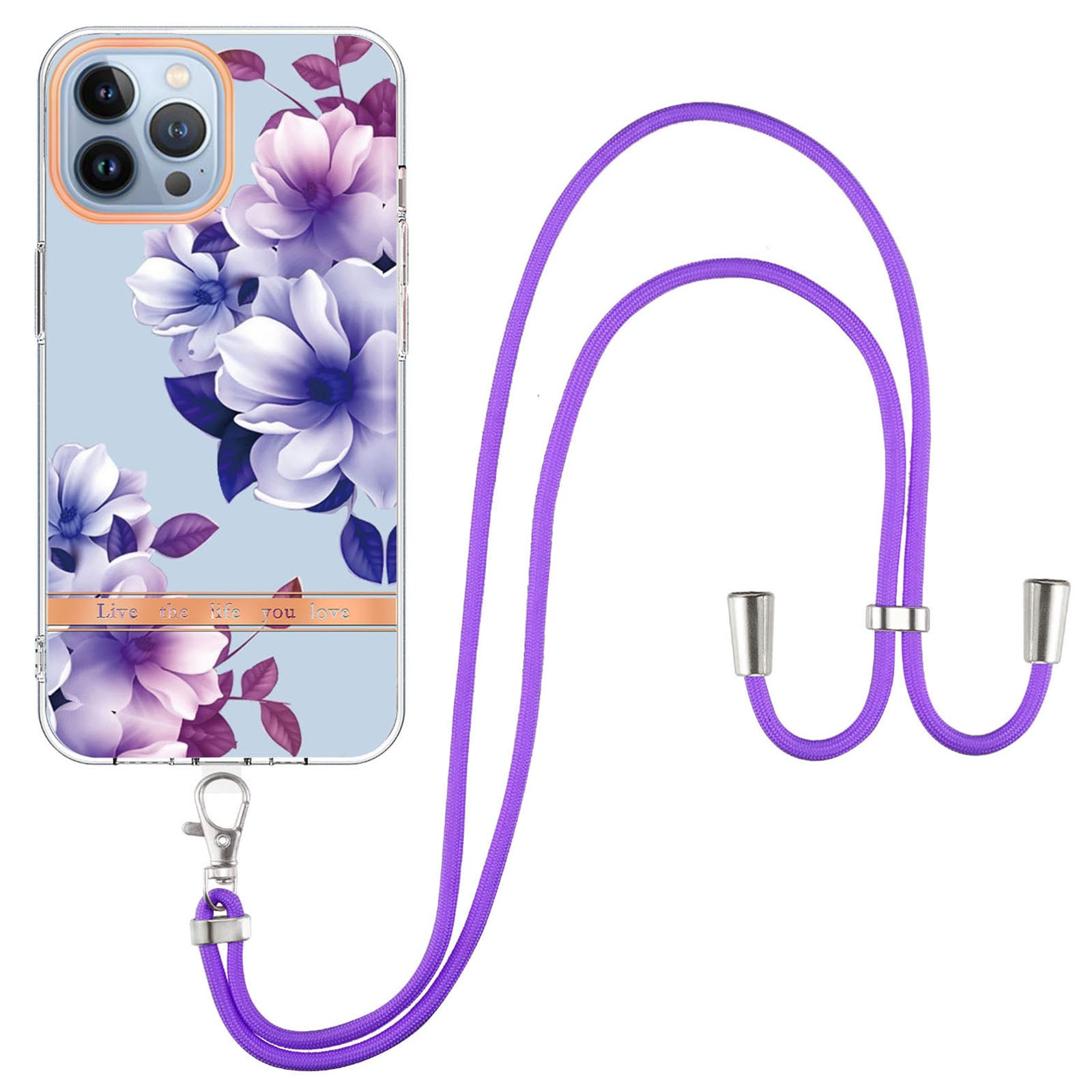 YB IMD-11 Series Flower Pattern TPU Case for iPhone 15 Pro Max Anti-Drop IMD IML Electroplating Phone Cover with Lanyard