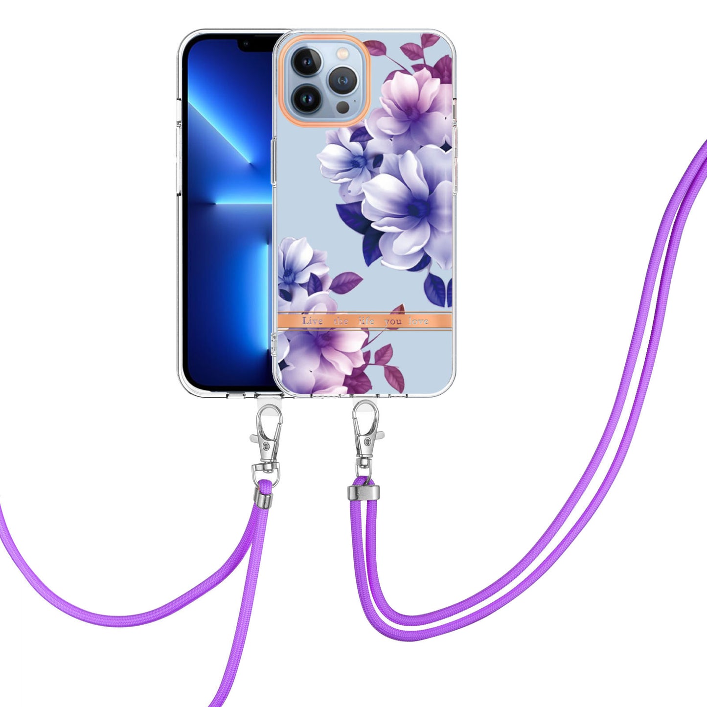 YB IMD-11 Series Flower Pattern TPU Case for iPhone 15 Pro Max Anti-Drop IMD IML Electroplating Phone Cover with Lanyard