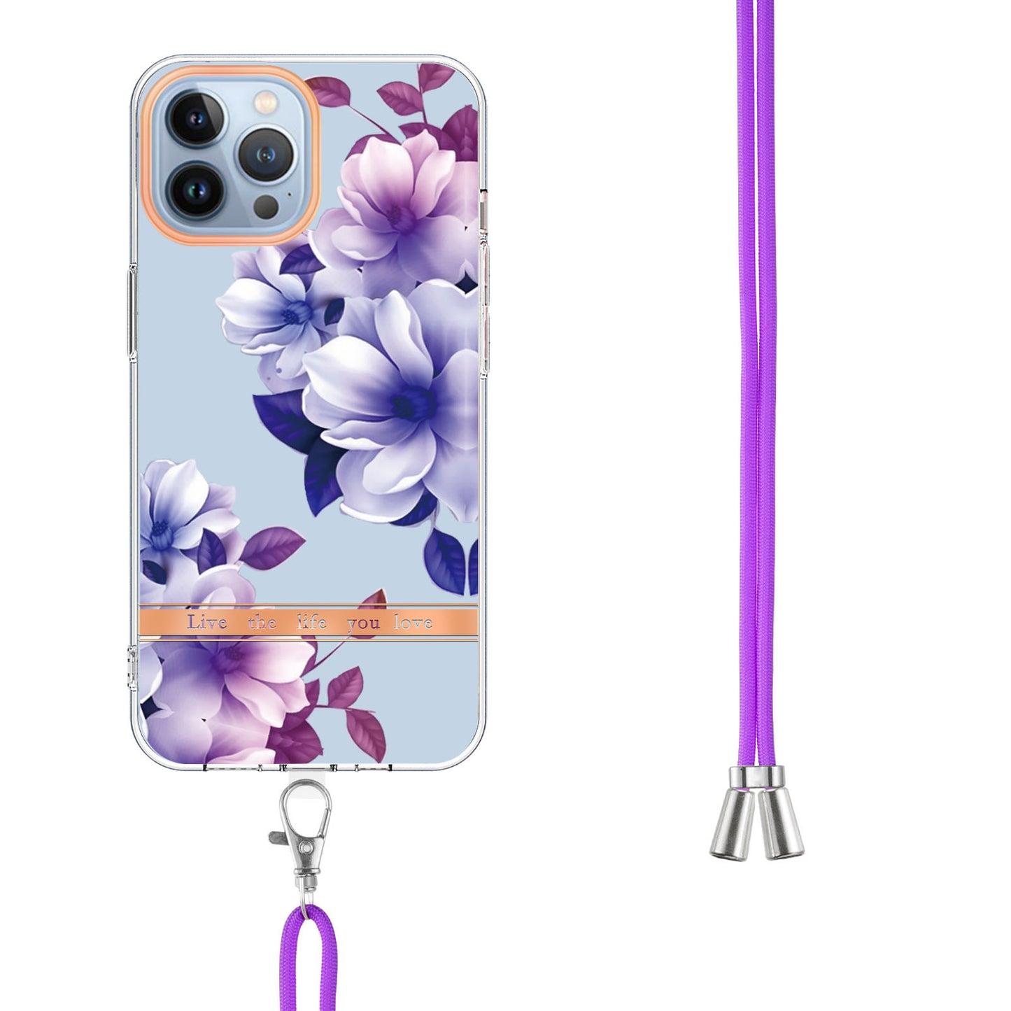 YB IMD-11 Series Flower Pattern TPU Case for iPhone 15 Pro Max Anti-Drop IMD IML Electroplating Phone Cover with Lanyard