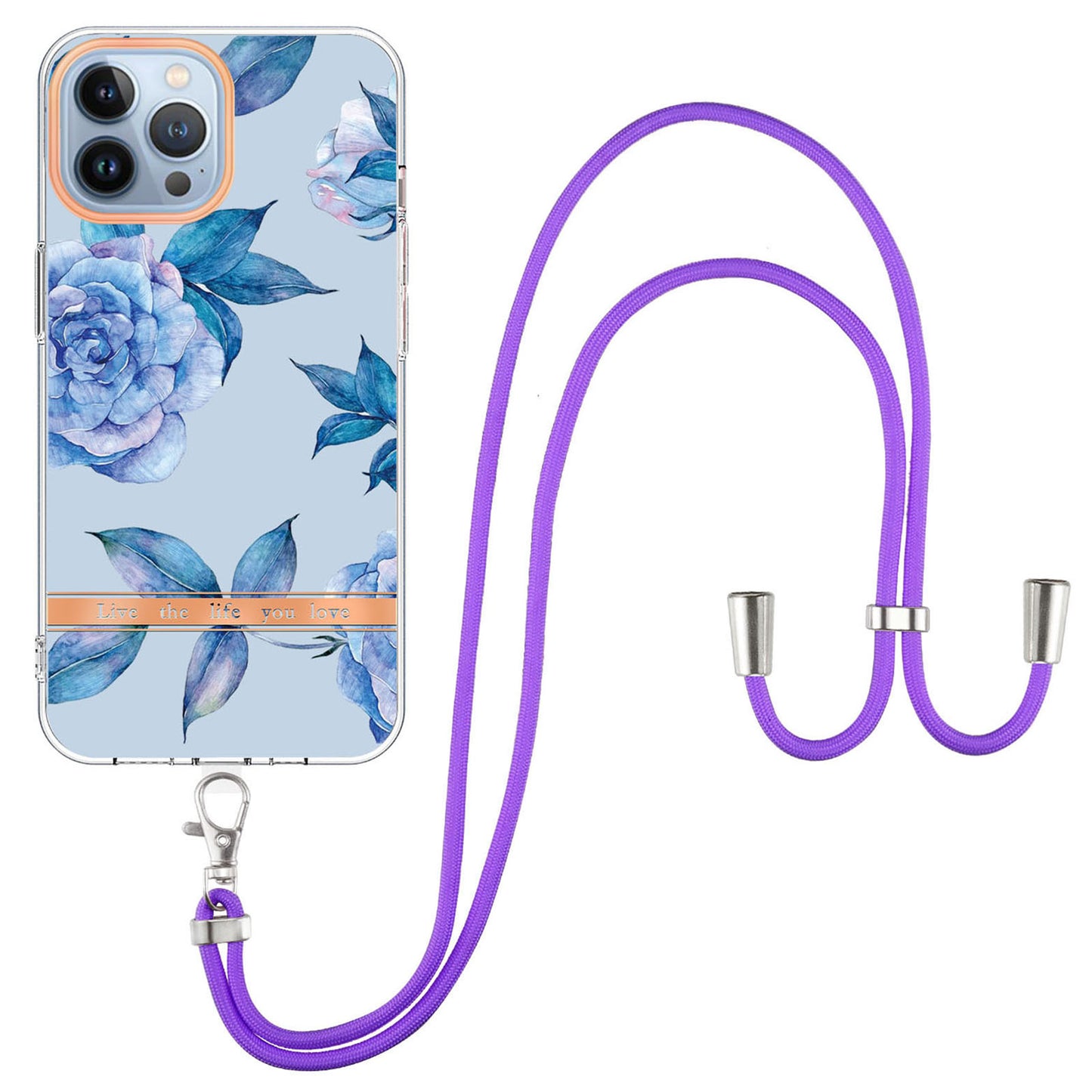 YB IMD-11 Series Flower Pattern TPU Case for iPhone 15 Pro Max Anti-Drop IMD IML Electroplating Phone Cover with Lanyard