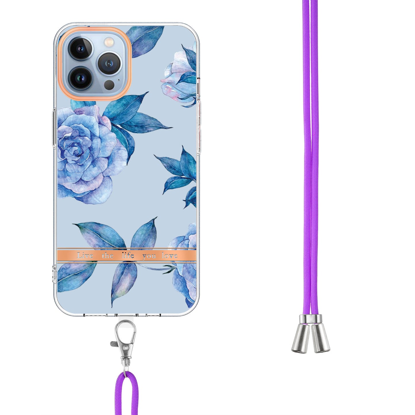 YB IMD-11 Series Flower Pattern TPU Case for iPhone 15 Pro Max Anti-Drop IMD IML Electroplating Phone Cover with Lanyard