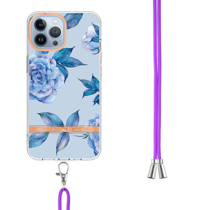 YB IMD-11 Series Flower Pattern TPU Case for iPhone 15 Pro Max Anti-Drop IMD IML Electroplating Phone Cover with Lanyard