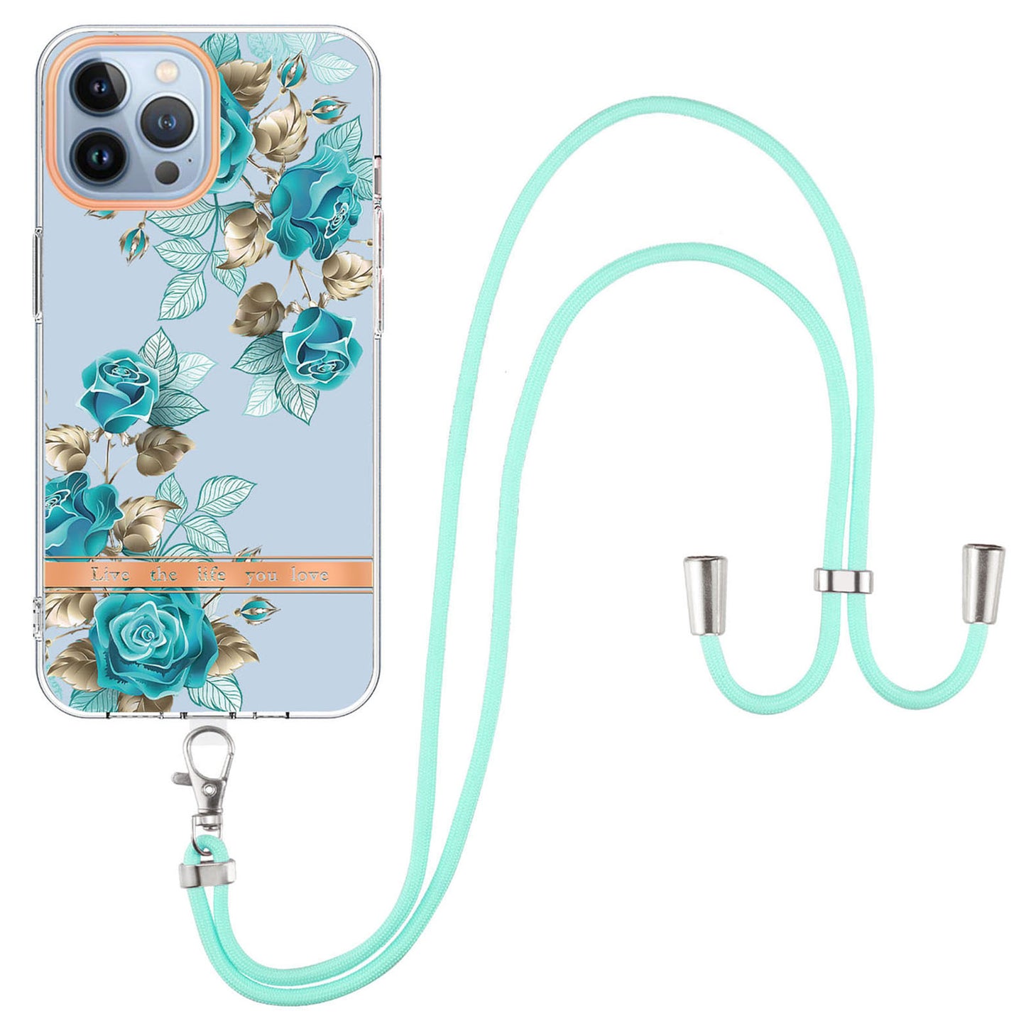 YB IMD-11 Series Flower Pattern TPU Case for iPhone 15 Pro Max Anti-Drop IMD IML Electroplating Phone Cover with Lanyard
