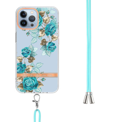 YB IMD-11 Series Flower Pattern TPU Case for iPhone 15 Pro Max Anti-Drop IMD IML Electroplating Phone Cover with Lanyard
