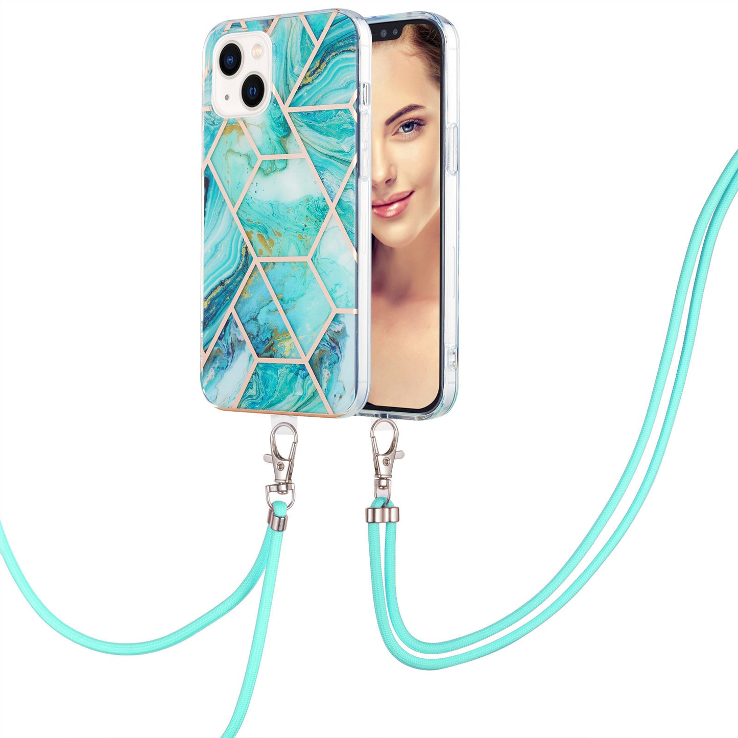 YB IMD Series-5 TPU Phone Case for iPhone 15 Plus , Electroplating IML IMD Phone Shell Cover with Lanyard