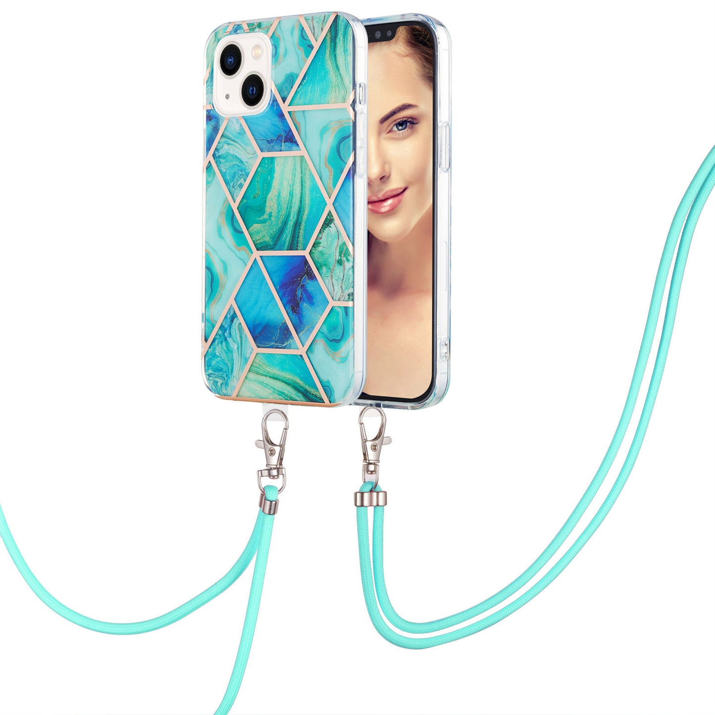 YB IMD Series-5 TPU Phone Case for iPhone 15 Plus , Electroplating IML IMD Phone Shell Cover with Lanyard