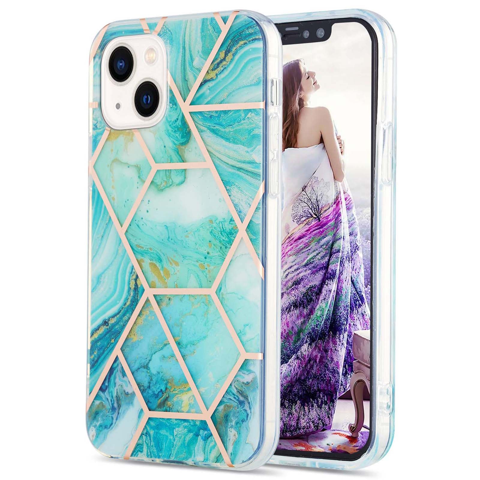 YB IMD Series-3 For iPhone 15 Plus Marble Pattern IMD TPU Phone Case IML Double-sided Electroplating Cover