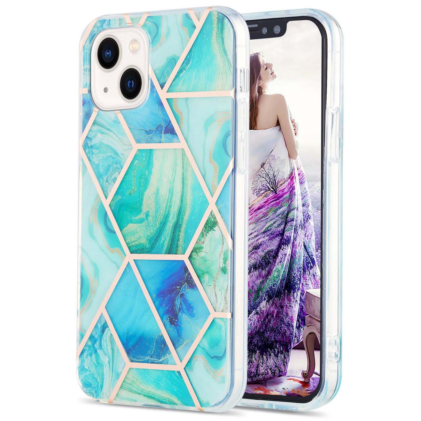 YB IMD Series-3 For iPhone 15 Plus Marble Pattern IMD TPU Phone Case IML Double-sided Electroplating Cover