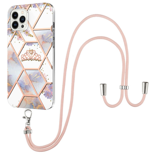 YB IMD Series-4 IMD Phone Case For iPhone 15 Pro Max Electroplating Marble Flower Pattern TPU Shell with Lanyard