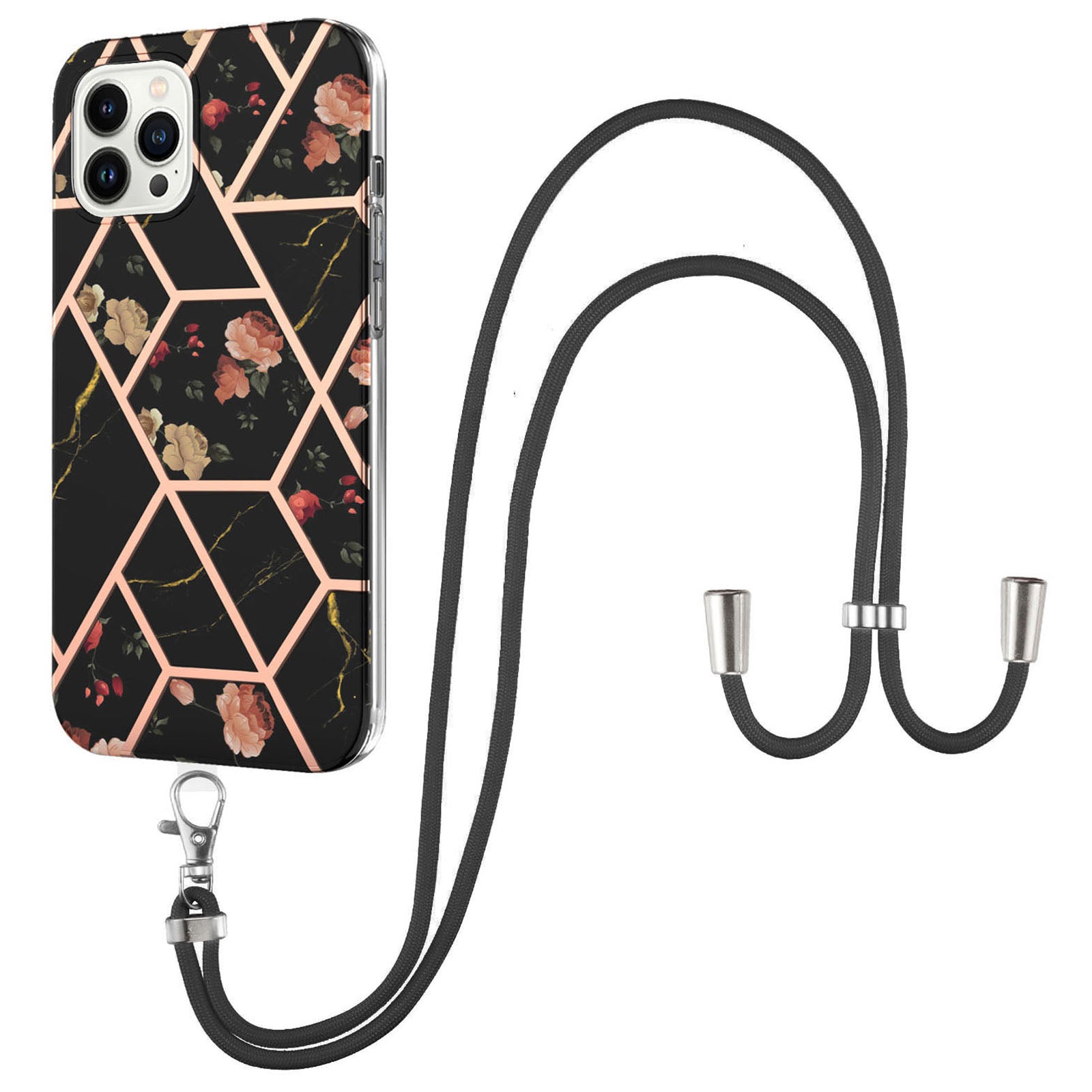 YB IMD Series-4 IMD Phone Case For iPhone 15 Pro Max Electroplating Marble Flower Pattern TPU Shell with Lanyard
