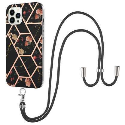 YB IMD Series-4 IMD Phone Case For iPhone 15 Pro Max Electroplating Marble Flower Pattern TPU Shell with Lanyard