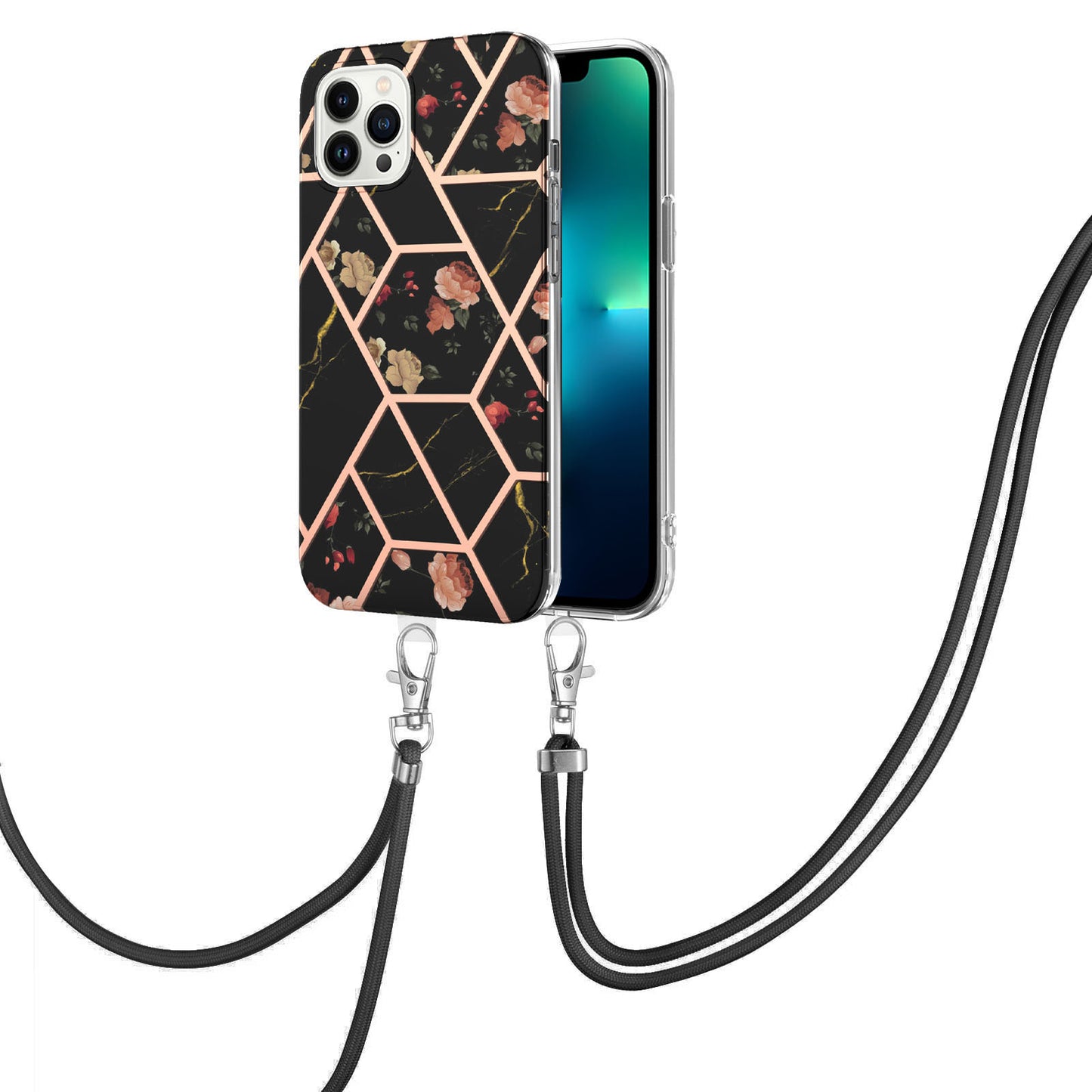 YB IMD Series-4 IMD Phone Case For iPhone 15 Pro Max Electroplating Marble Flower Pattern TPU Shell with Lanyard