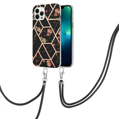 YB IMD Series-4 IMD Phone Case For iPhone 15 Pro Max Electroplating Marble Flower Pattern TPU Shell with Lanyard