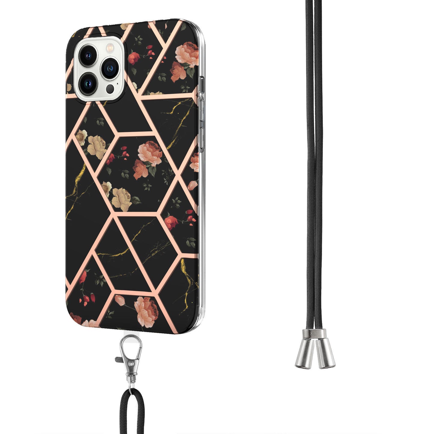 YB IMD Series-4 IMD Phone Case For iPhone 15 Pro Max Electroplating Marble Flower Pattern TPU Shell with Lanyard