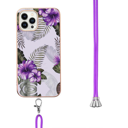 YB IMD Series-4 IMD Phone Case For iPhone 15 Pro Max Electroplating Marble Flower Pattern TPU Shell with Lanyard