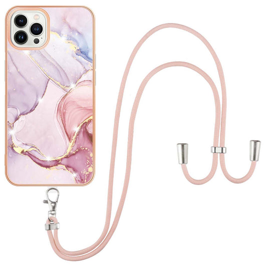 YB IMD Series-9 For iPhone 15 Pro Max Phone Case Electroplating TPU  IMD Marble Pattern Cover with Lanyard