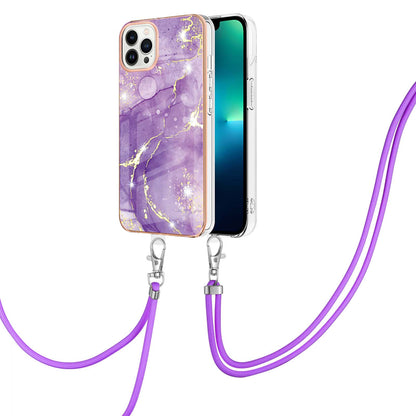 YB IMD Series-9 For iPhone 15 Pro Max Phone Case Electroplating TPU  IMD Marble Pattern Cover with Lanyard