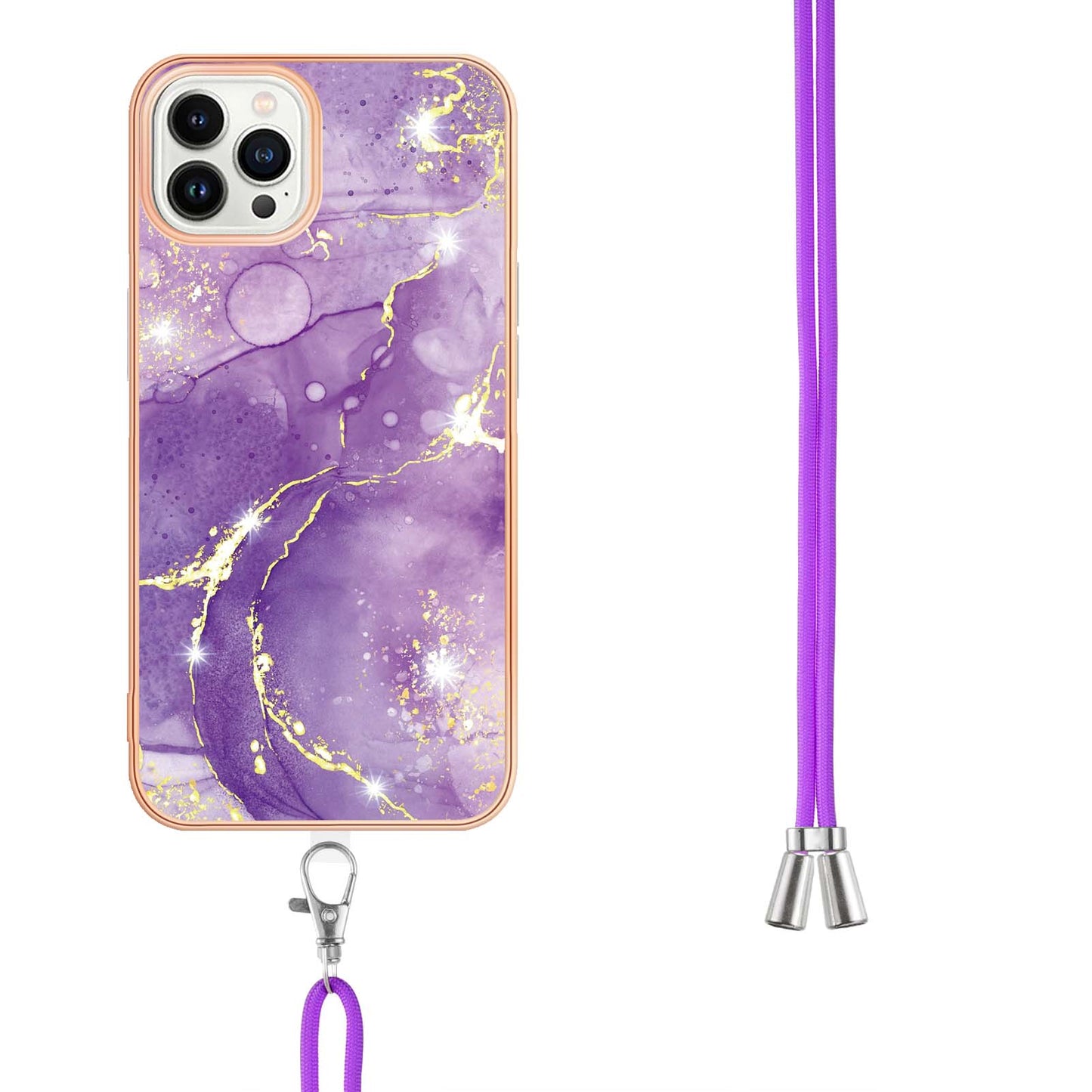 YB IMD Series-9 For iPhone 15 Pro Max Phone Case Electroplating TPU  IMD Marble Pattern Cover with Lanyard