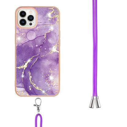 YB IMD Series-9 For iPhone 15 Pro Max Phone Case Electroplating TPU  IMD Marble Pattern Cover with Lanyard