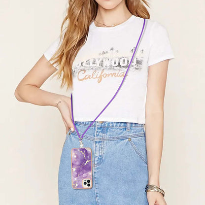 YB IMD Series-9 For iPhone 15 Pro Max Phone Case Electroplating TPU  IMD Marble Pattern Cover with Lanyard