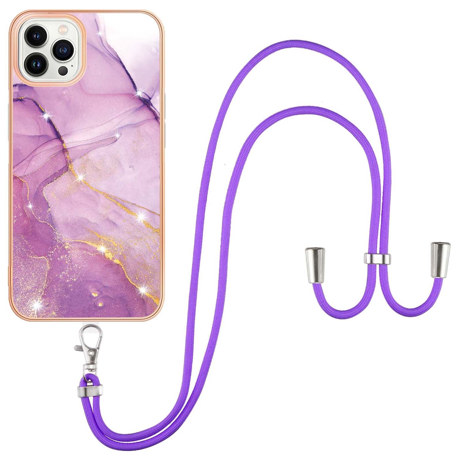 YB IMD Series-9 For iPhone 15 Pro Max Phone Case Electroplating TPU  IMD Marble Pattern Cover with Lanyard