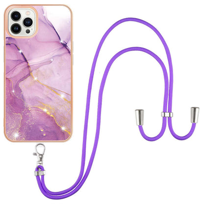 YB IMD Series-9 For iPhone 15 Pro Max Phone Case Electroplating TPU  IMD Marble Pattern Cover with Lanyard