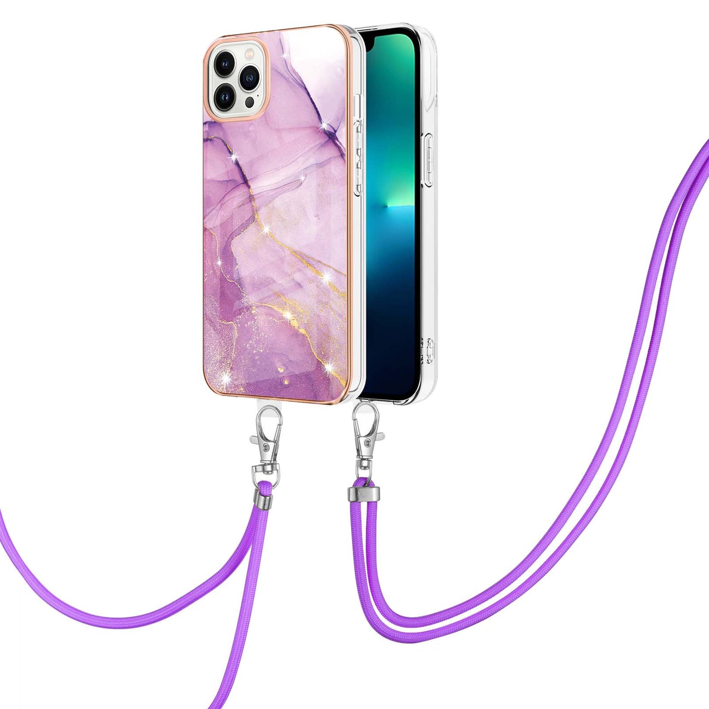 YB IMD Series-9 For iPhone 15 Pro Max Phone Case Electroplating TPU  IMD Marble Pattern Cover with Lanyard