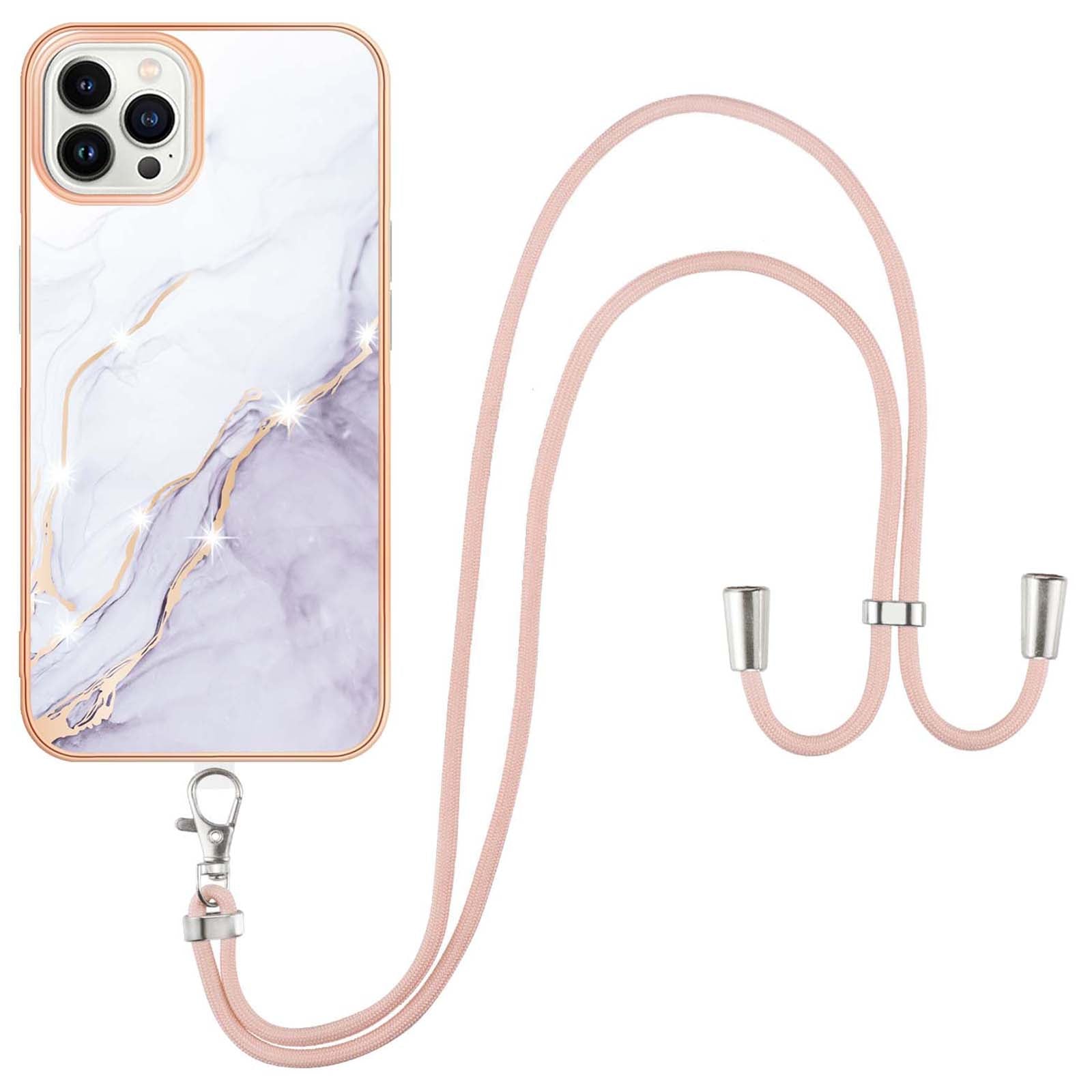 YB IMD Series-9 For iPhone 15 Pro Max Phone Case Electroplating TPU  IMD Marble Pattern Cover with Lanyard