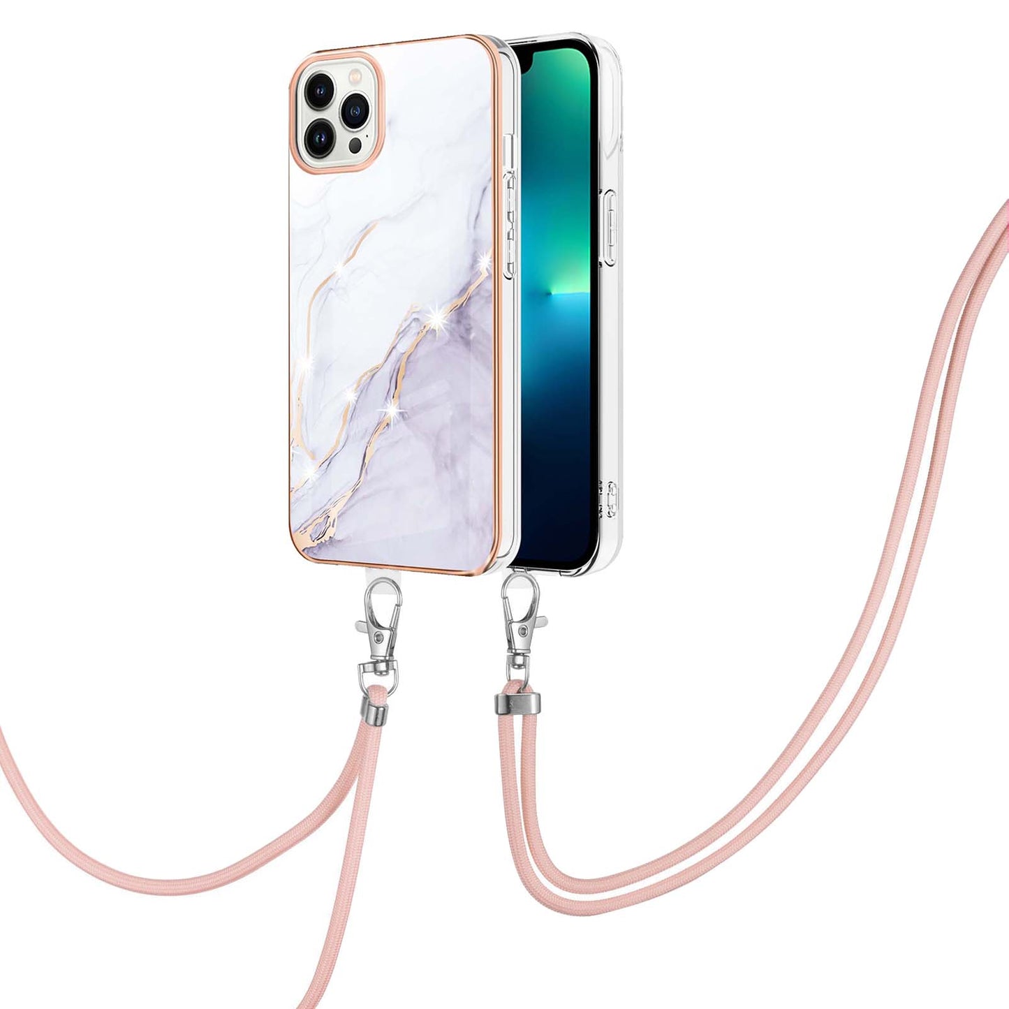 YB IMD Series-9 For iPhone 15 Pro Max Phone Case Electroplating TPU  IMD Marble Pattern Cover with Lanyard