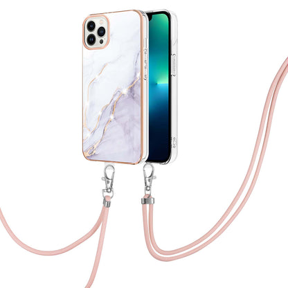 YB IMD Series-9 For iPhone 15 Pro Max Phone Case Electroplating TPU  IMD Marble Pattern Cover with Lanyard