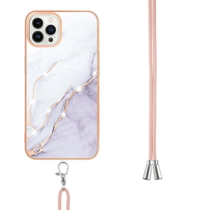 YB IMD Series-9 For iPhone 15 Pro Max Phone Case Electroplating TPU  IMD Marble Pattern Cover with Lanyard