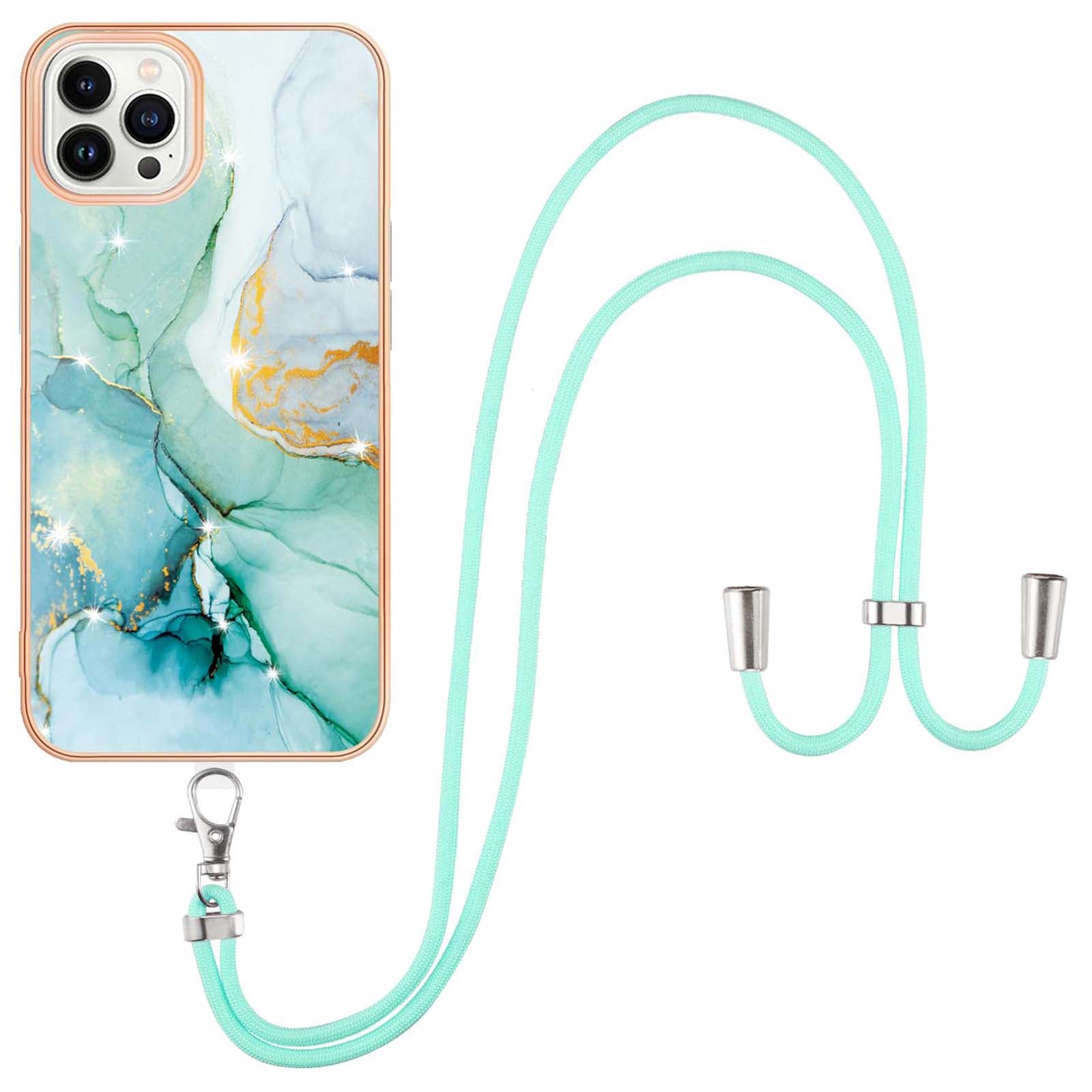 YB IMD Series-9 For iPhone 15 Pro Max Phone Case Electroplating TPU  IMD Marble Pattern Cover with Lanyard