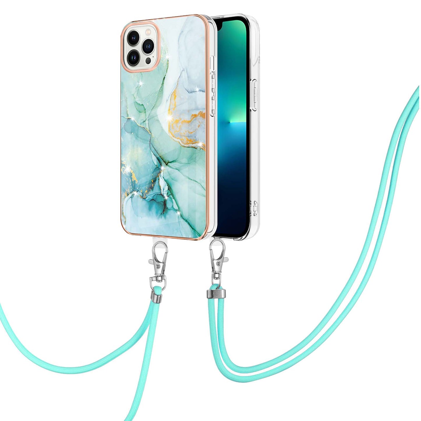 YB IMD Series-9 For iPhone 15 Pro Max Phone Case Electroplating TPU  IMD Marble Pattern Cover with Lanyard