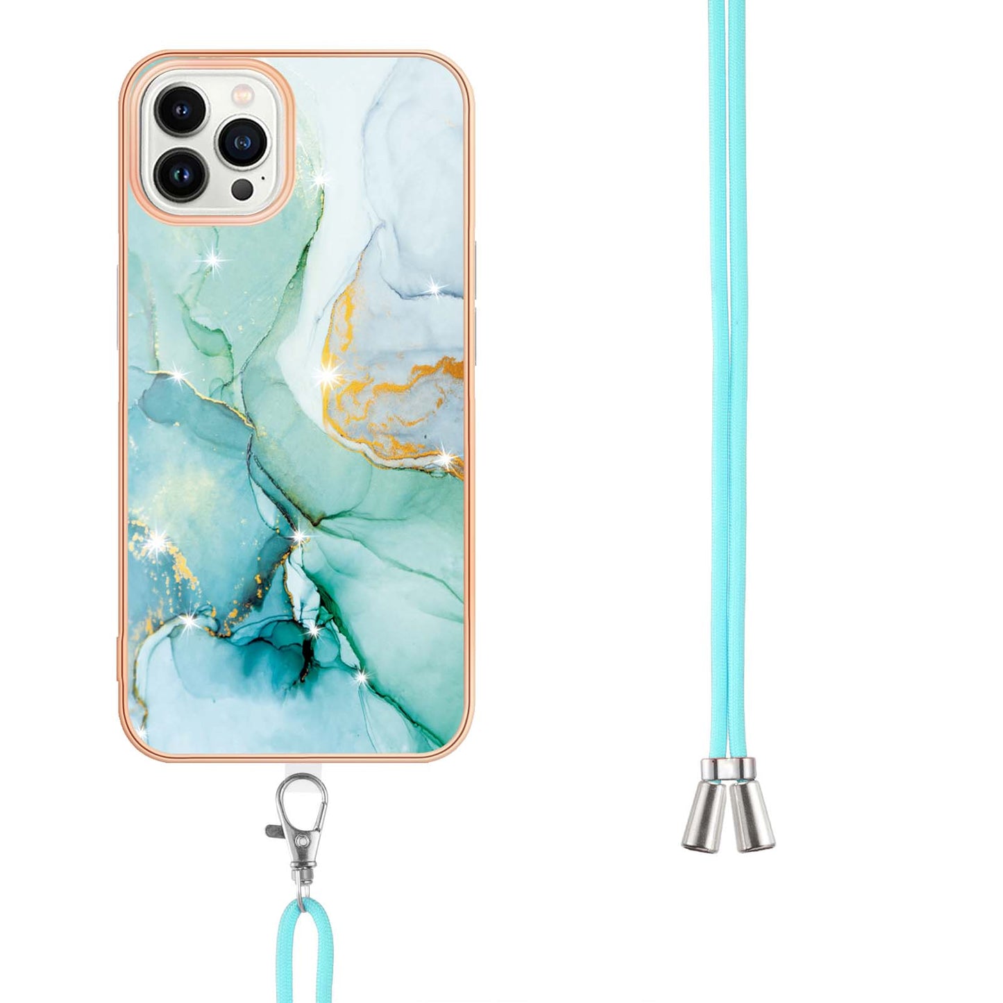 YB IMD Series-9 For iPhone 15 Pro Max Phone Case Electroplating TPU  IMD Marble Pattern Cover with Lanyard