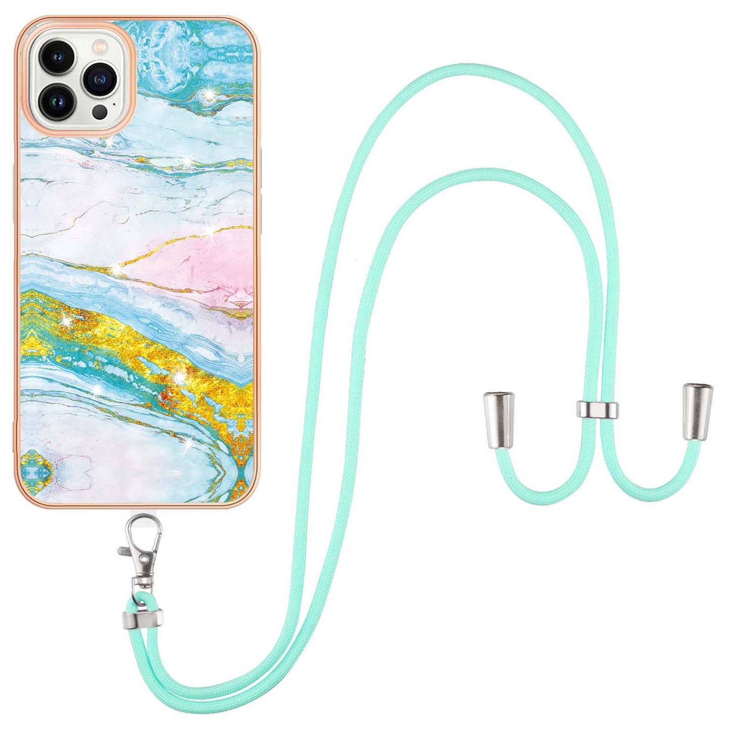 YB IMD Series-9 For iPhone 15 Pro Max Phone Case Electroplating TPU  IMD Marble Pattern Cover with Lanyard