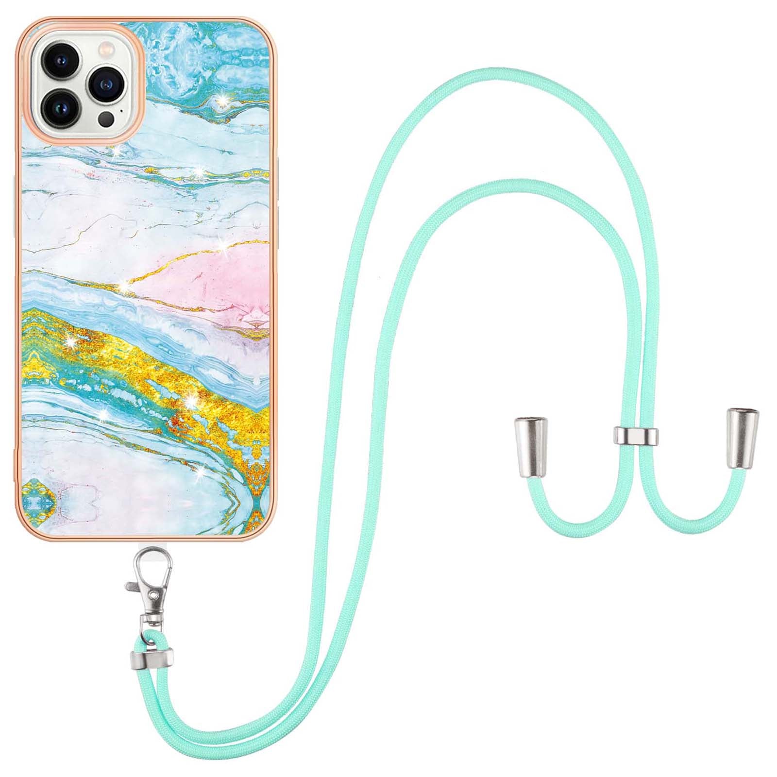 YB IMD Series-9 For iPhone 15 Pro Max Phone Case Electroplating TPU  IMD Marble Pattern Cover with Lanyard
