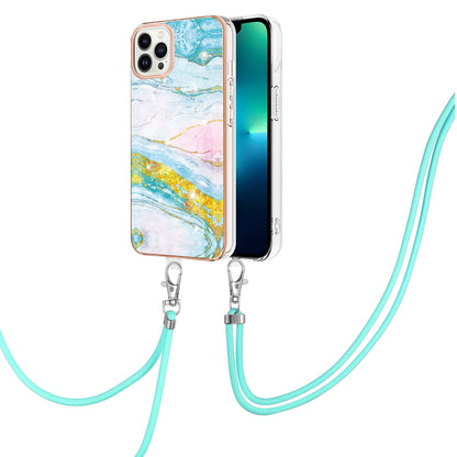 YB IMD Series-9 For iPhone 15 Pro Max Phone Case Electroplating TPU  IMD Marble Pattern Cover with Lanyard
