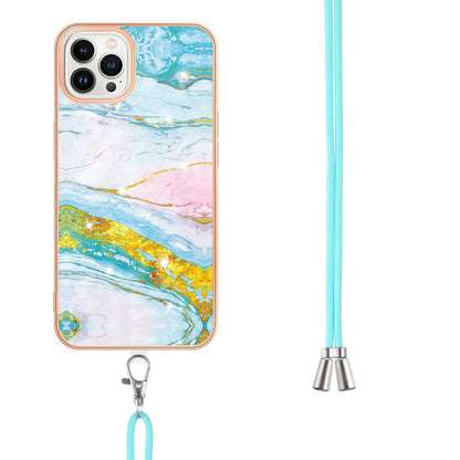 YB IMD Series-9 For iPhone 15 Pro Max Phone Case Electroplating TPU  IMD Marble Pattern Cover with Lanyard