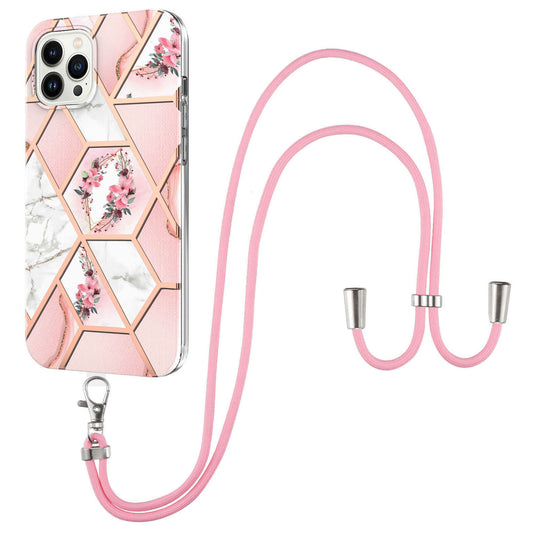 YB IMD Series-4 for iPhone 15 Pro TPU Cover Electroplating Marble Flower Pattern IMD Phone Case with Lanyard