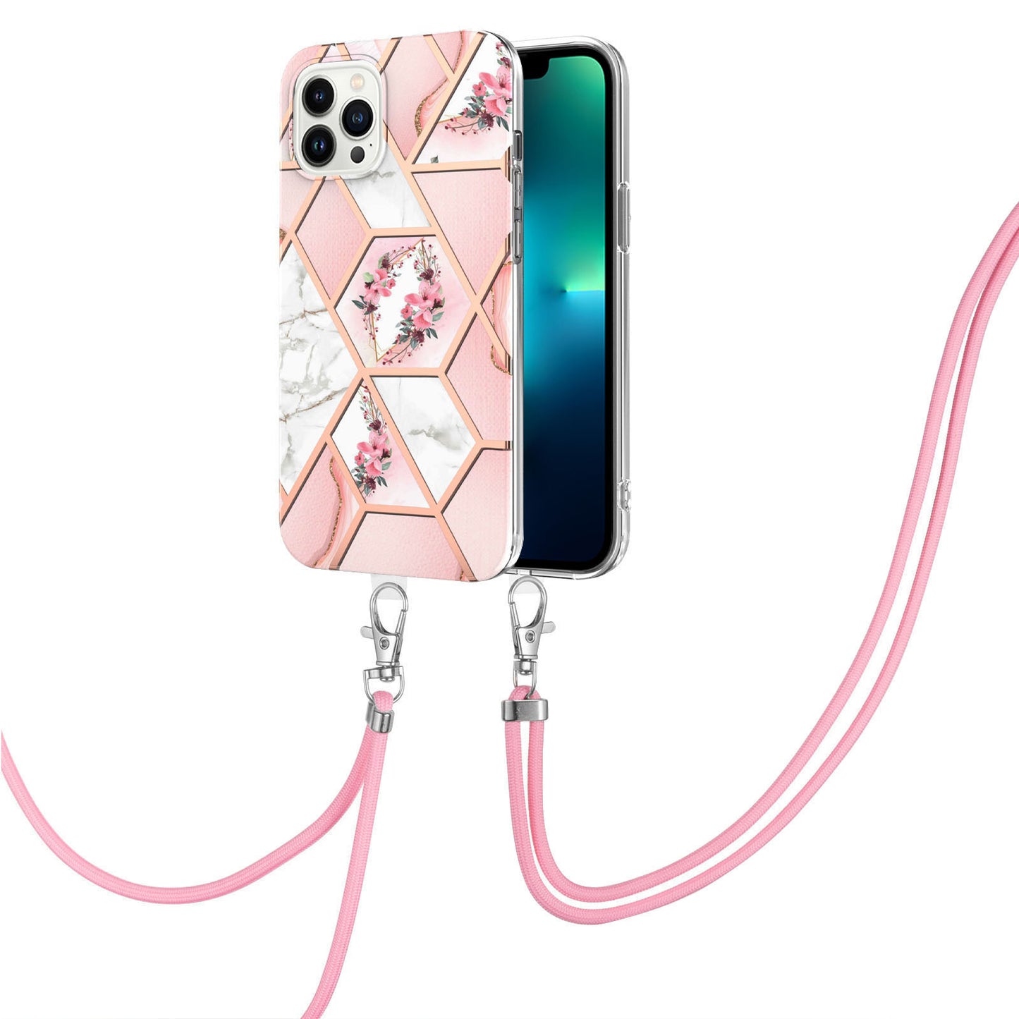 YB IMD Series-4 for iPhone 15 Pro TPU Cover Electroplating Marble Flower Pattern IMD Phone Case with Lanyard