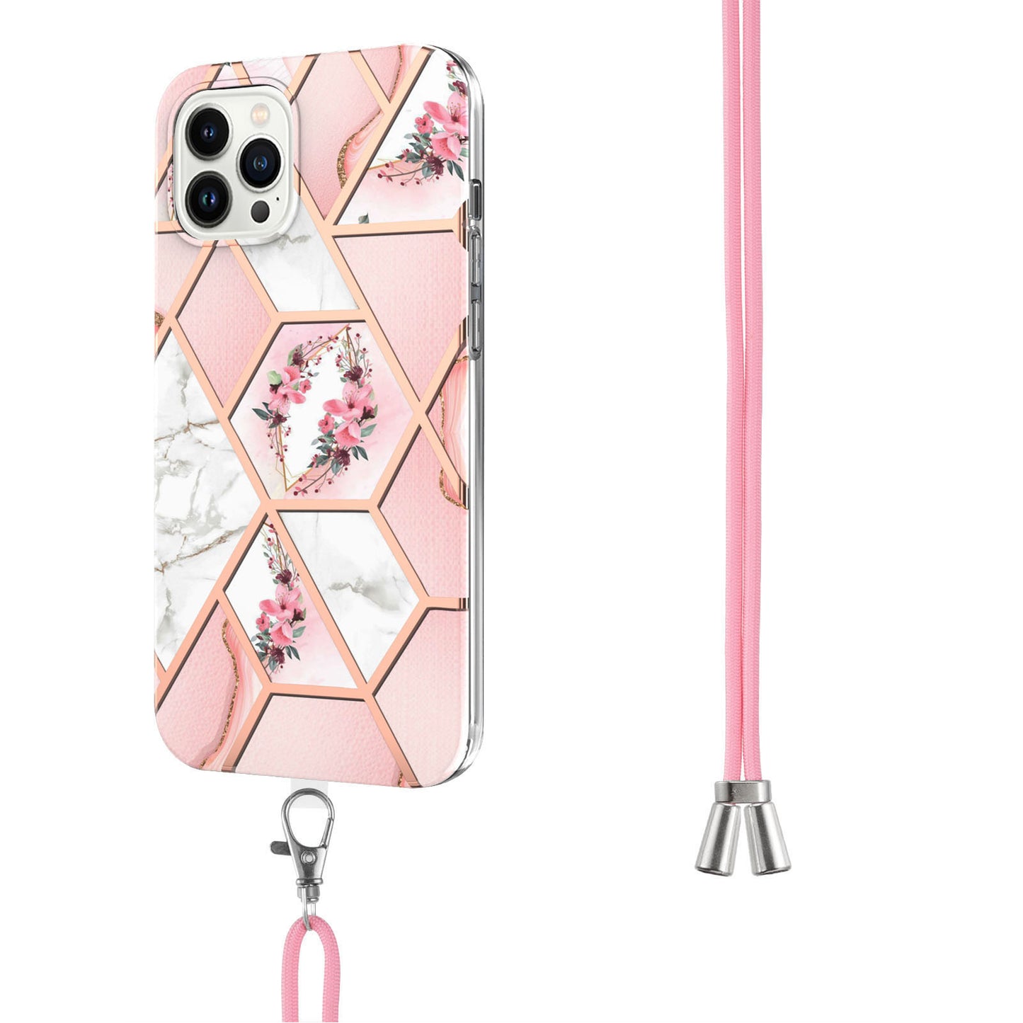 YB IMD Series-4 for iPhone 15 Pro TPU Cover Electroplating Marble Flower Pattern IMD Phone Case with Lanyard