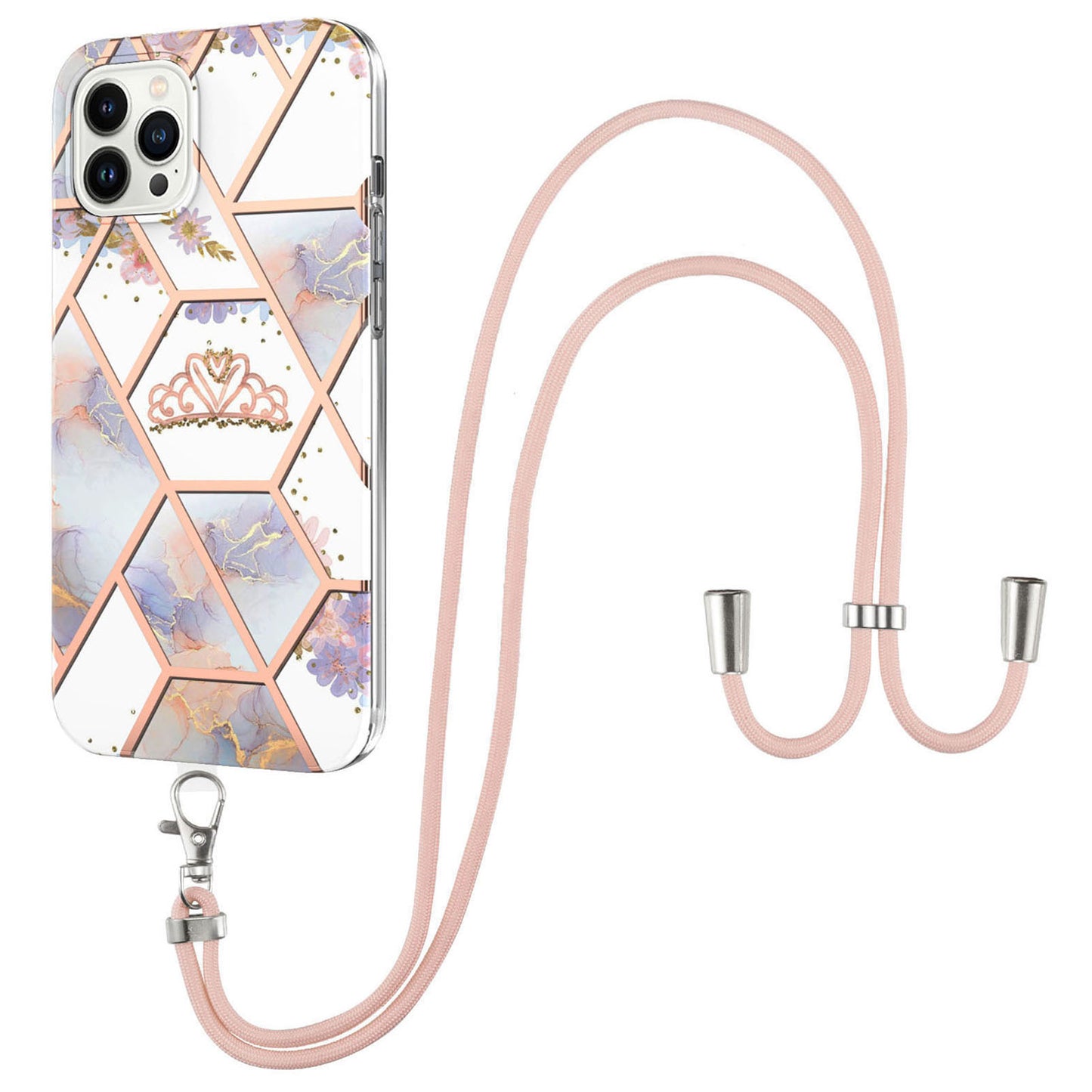 YB IMD Series-4 for iPhone 15 Pro TPU Cover Electroplating Marble Flower Pattern IMD Phone Case with Lanyard