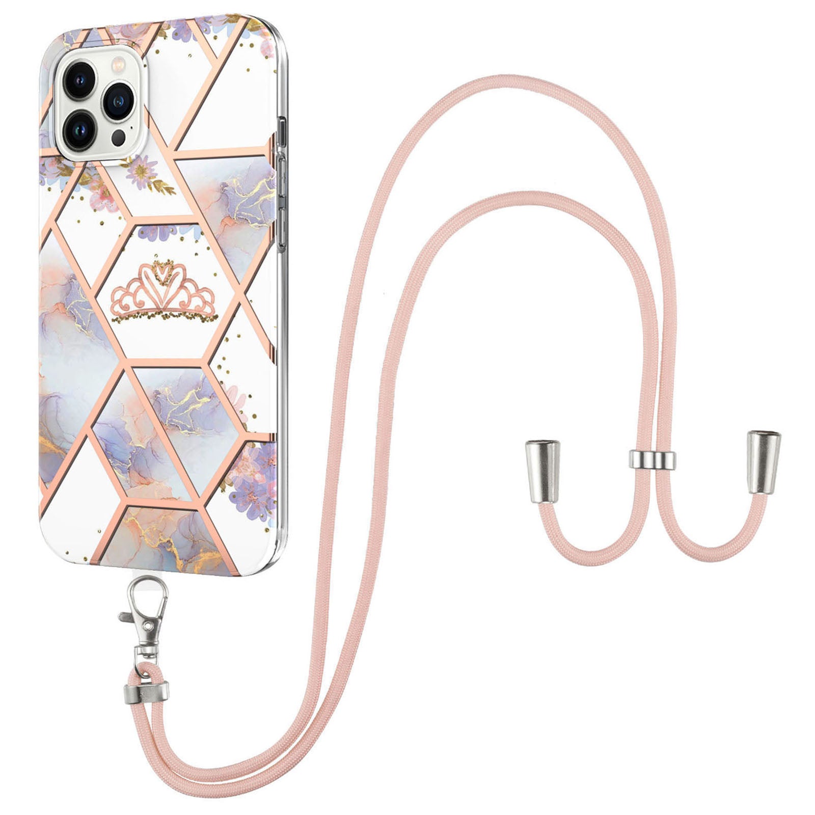 YB IMD Series-4 for iPhone 15 Pro TPU Cover Electroplating Marble Flower Pattern IMD Phone Case with Lanyard
