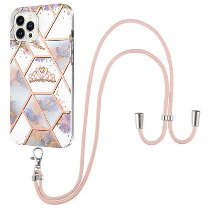 YB IMD Series-4 for iPhone 15 Pro TPU Cover Electroplating Marble Flower Pattern IMD Phone Case with Lanyard