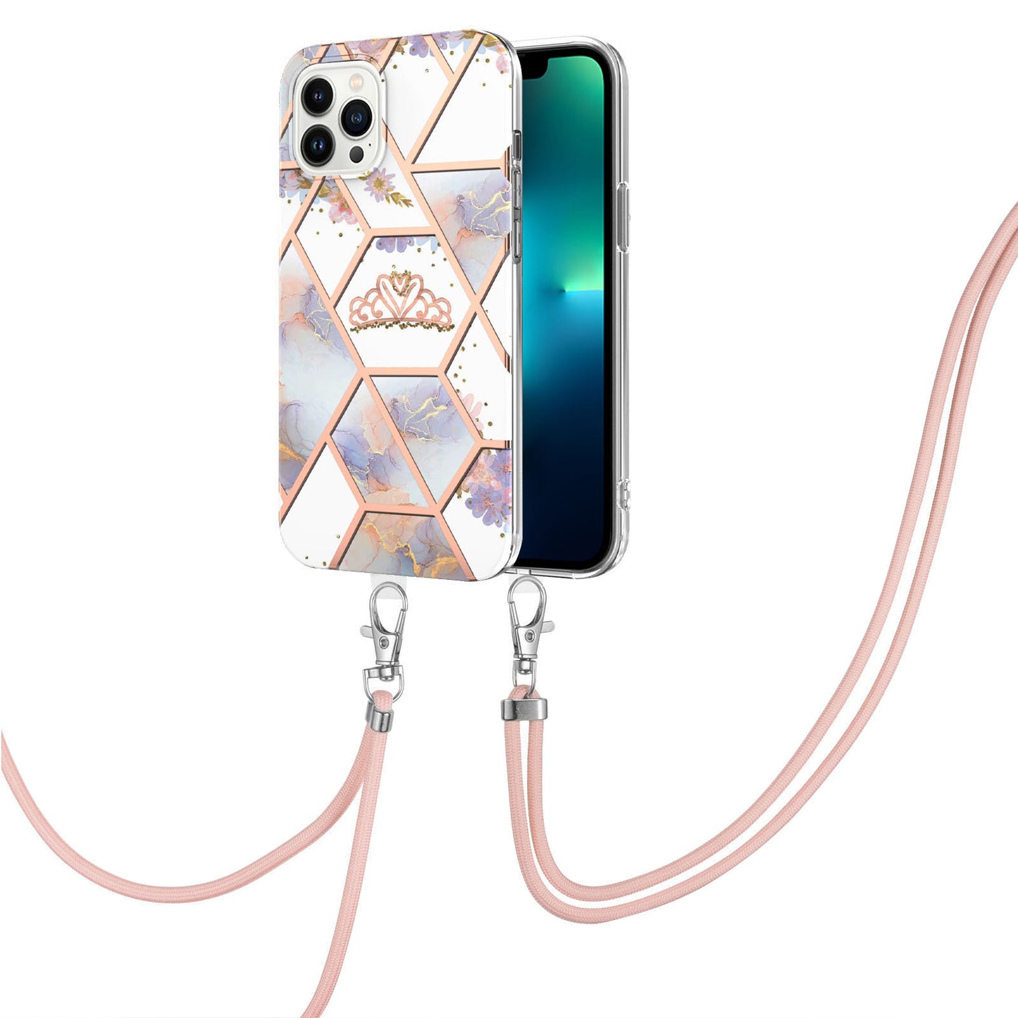 YB IMD Series-4 for iPhone 15 Pro TPU Cover Electroplating Marble Flower Pattern IMD Phone Case with Lanyard