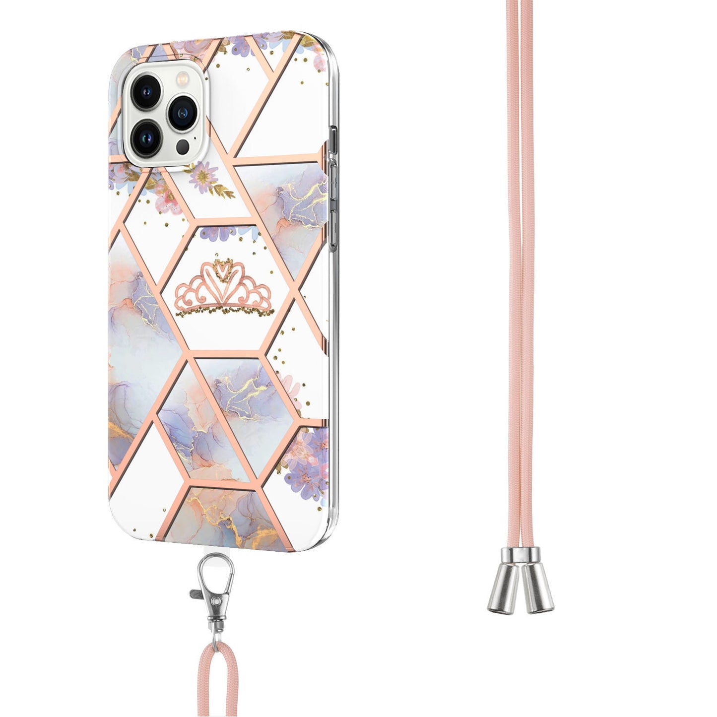 YB IMD Series-4 for iPhone 15 Pro TPU Cover Electroplating Marble Flower Pattern IMD Phone Case with Lanyard