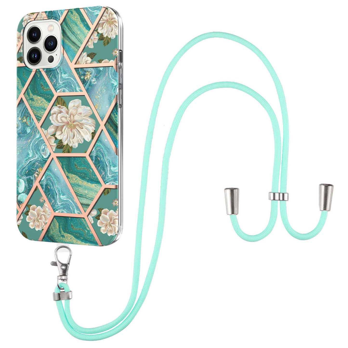 YB IMD Series-4 for iPhone 15 Pro TPU Cover Electroplating Marble Flower Pattern IMD Phone Case with Lanyard