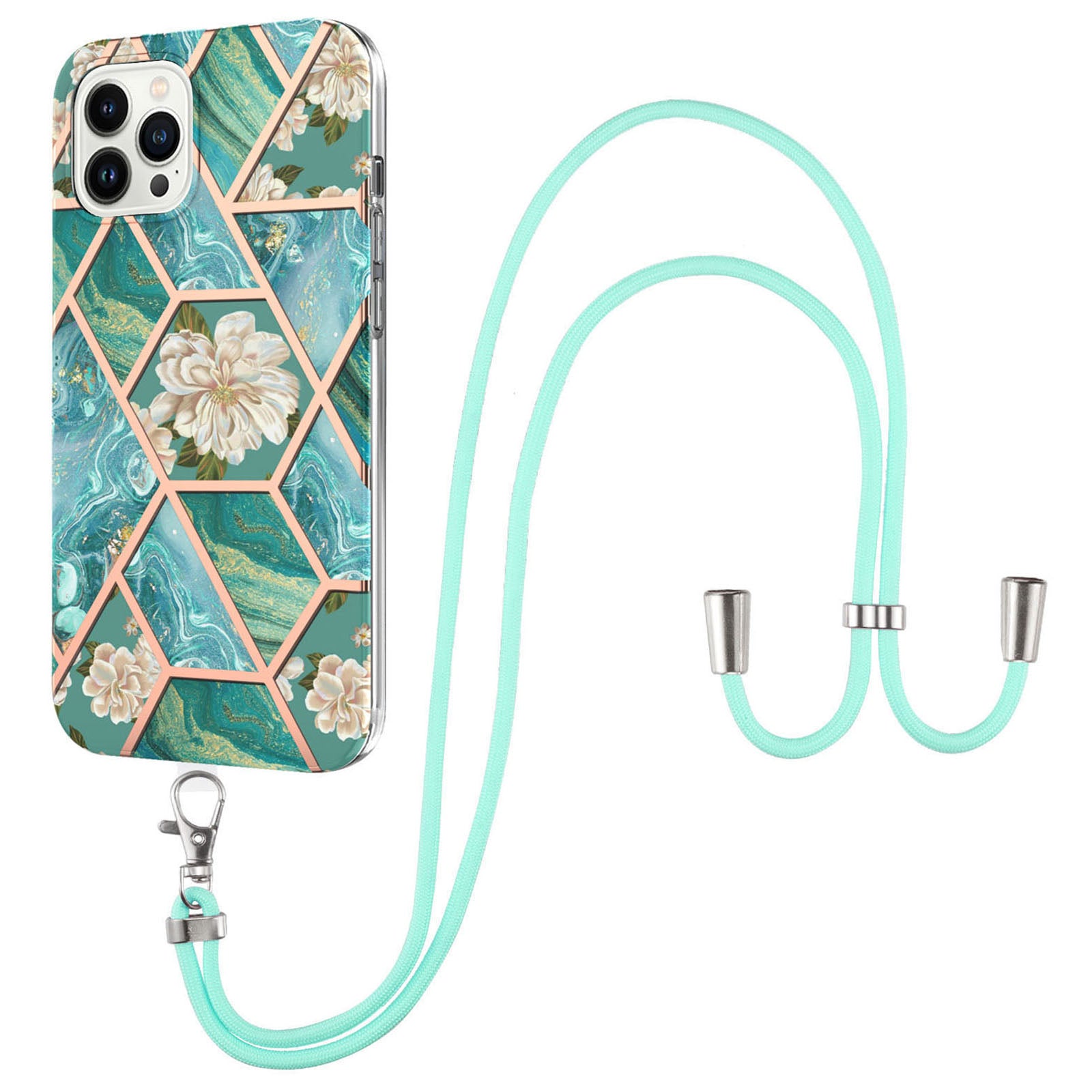 YB IMD Series-4 for iPhone 15 Pro TPU Cover Electroplating Marble Flower Pattern IMD Phone Case with Lanyard