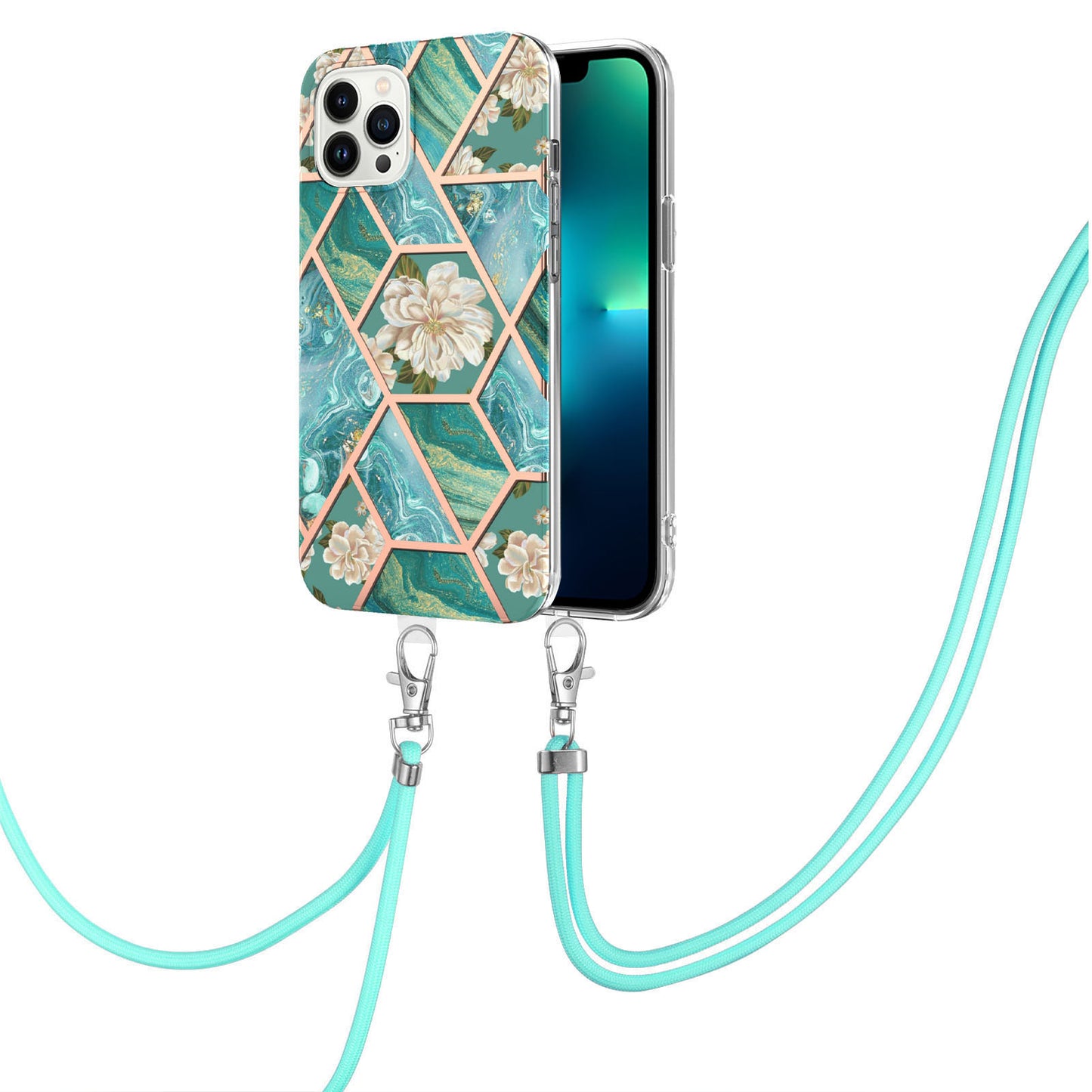 YB IMD Series-4 for iPhone 15 Pro TPU Cover Electroplating Marble Flower Pattern IMD Phone Case with Lanyard